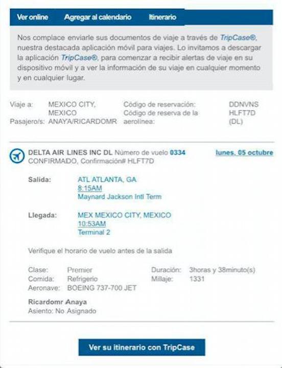 En clase Premier, mayoría de viajes de @RicardoAnayaC entre Atlanta y CDMX