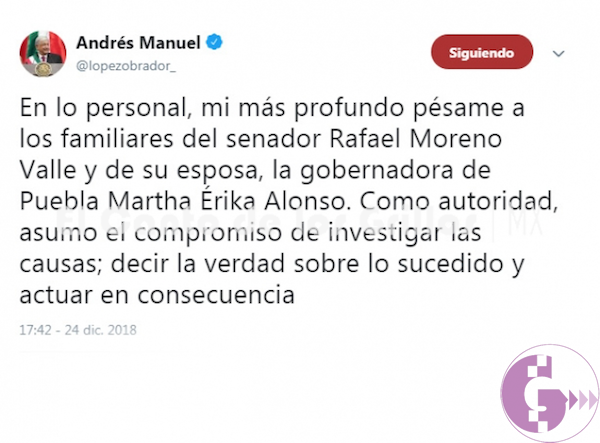 Lamenta el Presidente muerte de gobernadora de Puebla