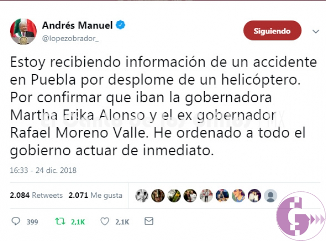 Pide López Obrador atender desplome de helicóptero en Puebla, donde viajaban gobernadora y exgobernador
